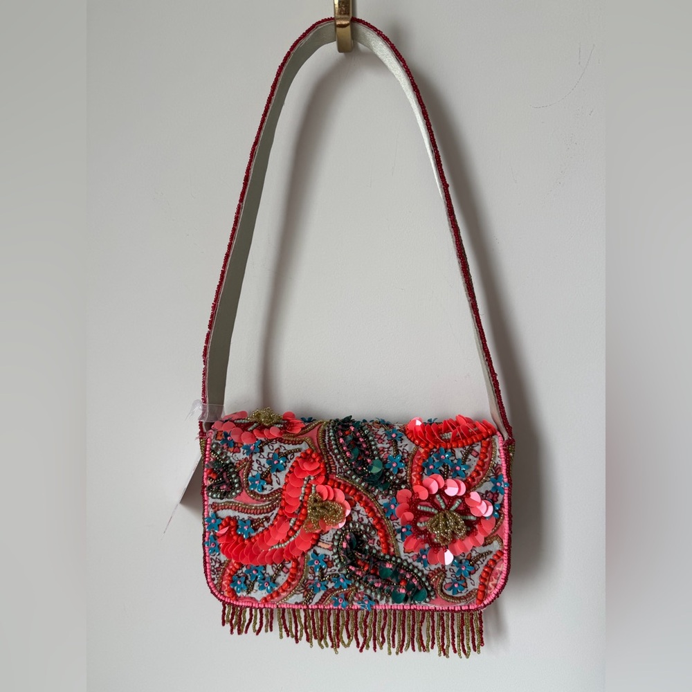 Viral beaded paisley colorful orange fringe Shoulder Bag - Picture 3 of 5